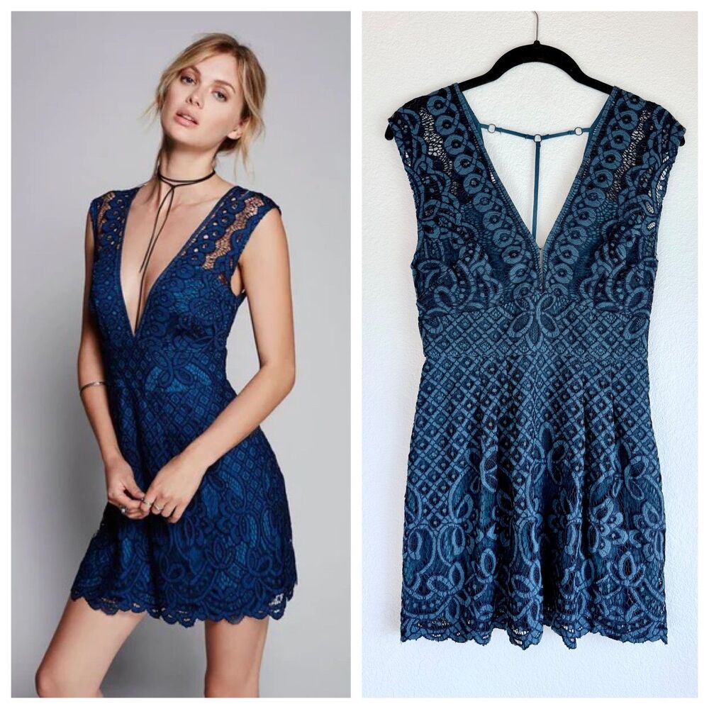 NWOT Free People Women's One Million Lovers Lace Mini Dress In Teal & Navy Sz 4